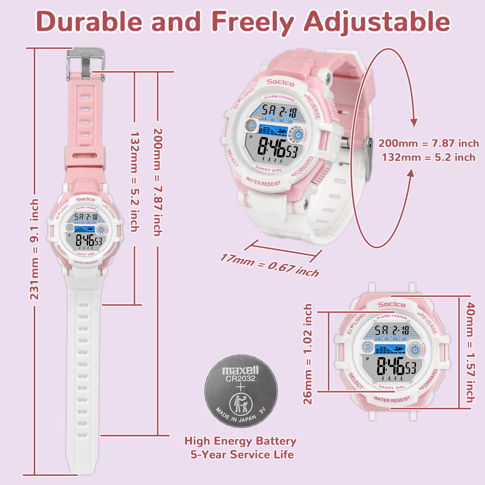 SOCICO Kids Digital Watch for Boys Girls, 50M Waterproof Sports Watch for Kids with 7 Color Backlight, Stopwatch, Alarm, Calendar, 2 Soft Silicone Straps, Great Birthday Christmas Gifts for Teens Aged 5-18