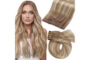 Moresoo Clip in Hair Extensions Ombre Blonde Human Hair Clip in Extensions Light Brown Mixed with Golden Blonde Balayage Double Weft Hair Extensions Clip ins Remy Human Hair 14inch 5pcs 70g