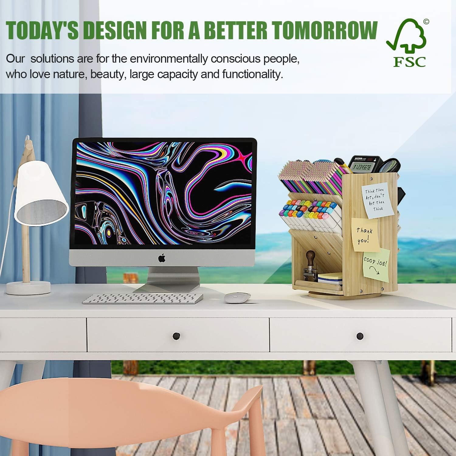 Bamboo Desk Organizer Storage Accessories - Ultra-large 13 compartments, 1000+ Pencil Holder Capacity, Easy DIY Assembly, DF Darfoo Rotating Desktop Organizer for women, Cosmetics, and Office Supplies: Home Improvement