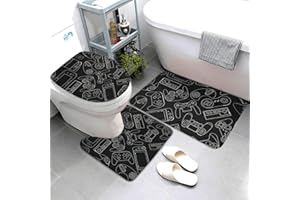 Jbofyee Video Game Controller Black Background 3 Piece Bathroom Rugs Set, Bath Mat + Contour Mat + Toilet Seat Cover, Non-Slip Soft Microfiber Bathmat for Tub Shower Room Decor, Machine Washable