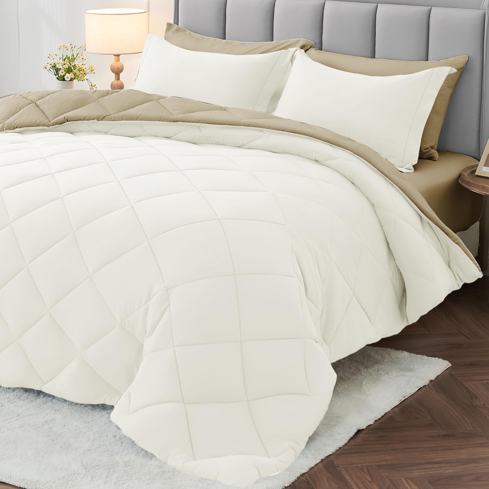 MUXHOMO 7 Pieces King Comforter Set, Reversible Bed in a Bag King Size, All Season Bedding Set with Comforter, Flat Sheet, Fitted Sheet, Pillowcases & Shams, Ivory & Khaki Image