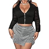 SHENHE Women's Plus Size Halter Long Sleeve Top Mesh Cold Shoulder Zip Up Sexy Rave Top