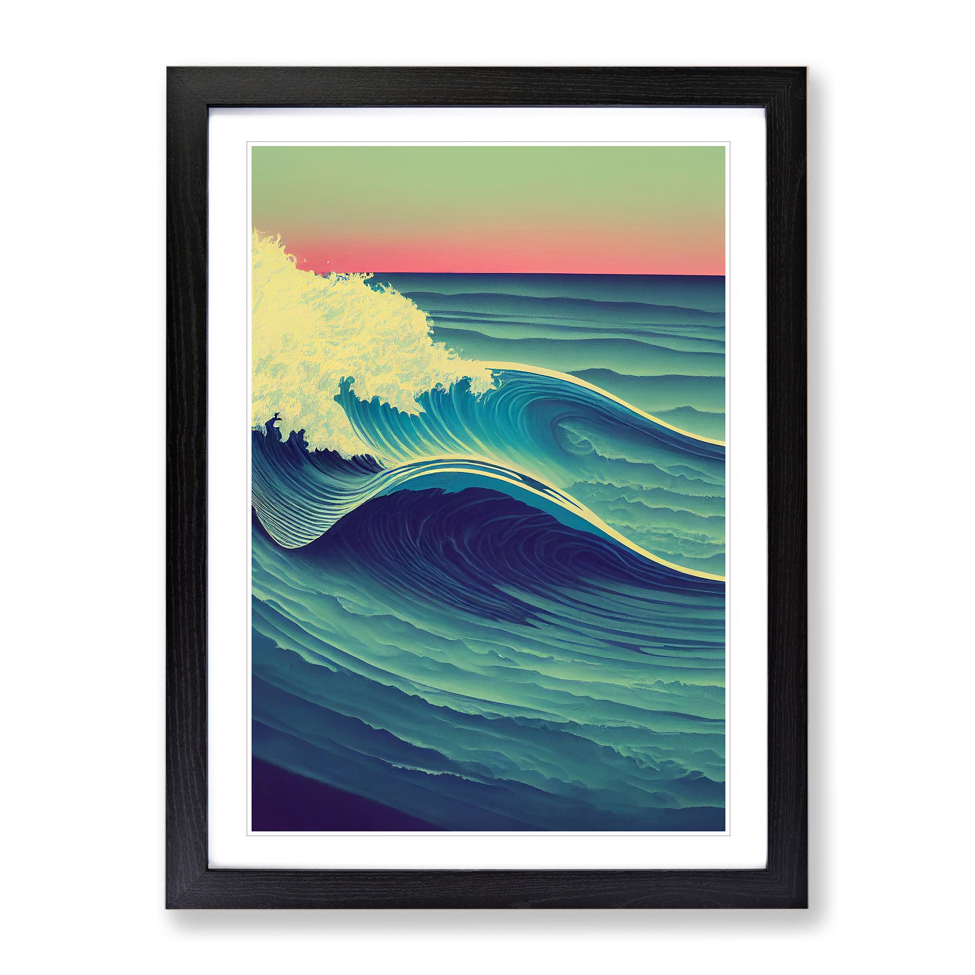 Sunset Ocean Wave No.5 Framed Print | A3 Black Framed Wall Art | Ready to Hang | Modern Nautical Picture | Living Room Bedroom Lounge Office