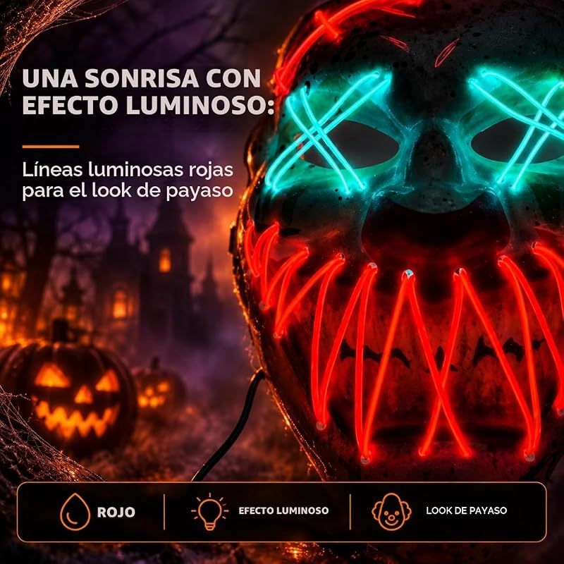 Máscara LED de Palhaço de Halloween - Controlável a partir de Purge, Rosto Luminoso, para Halloween, Vestido Elegante e Carnaval como Fantasia para Homens e Mulheres (Escolha de — foto 6 de 6