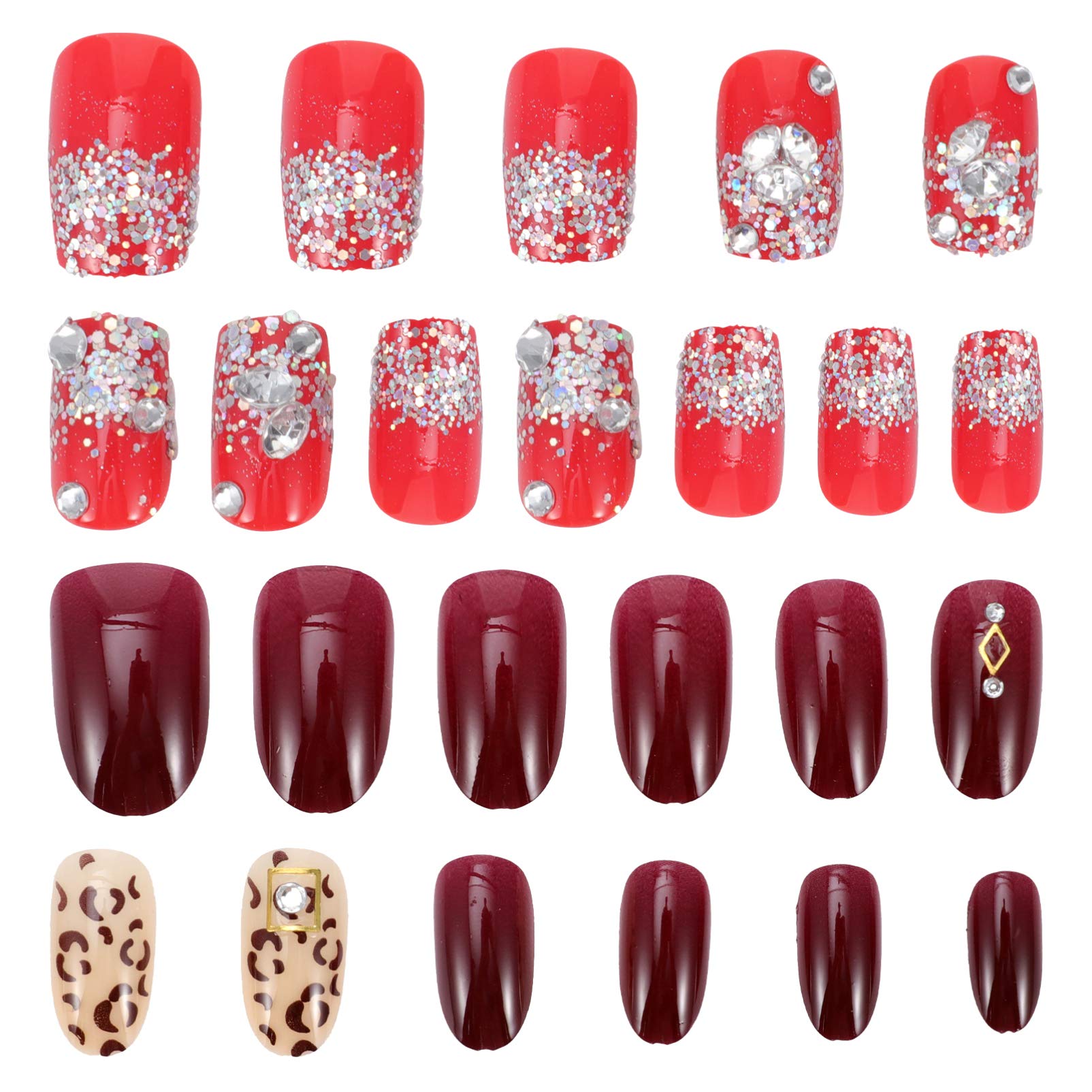 FRCOLOR 48 Pcs Christmas Press on Nails Fake Nails Artificial Nail Tips Nails Full Cover Decor with Drill for DIY Girls Kids Nail Art Decoration (Assorted Color)