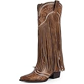 Modatope Cowboy Boots for Women Fringe Knee High Boots Embroidered Cowgirl Western Pointed Toe Chunky Heel Slip on Wide Calf Cowboy Boots