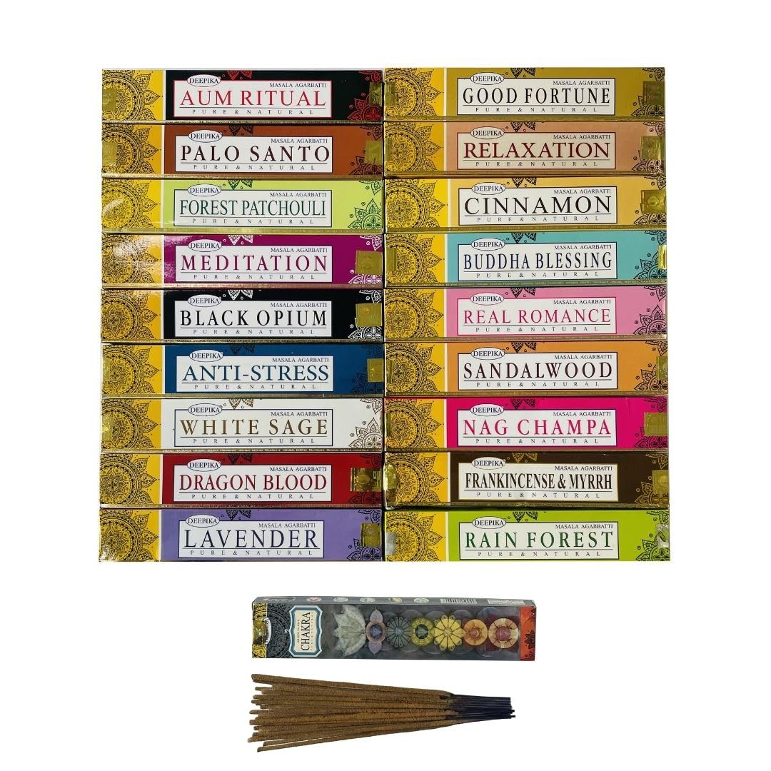 Deepika Premium Assorted Incense Sticks – 12 Fragrances x 15g | Hand-Rolled Natural Agarbatti | Long-Lasting Aromatic Sticks for Meditation, Yoga, Aromatherapy, Relaxation & Home Fragrance