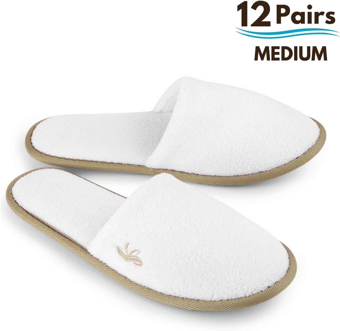 BERGMAN KELLY Spa Slippers, Closed Toe (White, Cocoa Trim, 12 Pairs Size Medium) Disposable Indoor Hotel Slippers for Men and Women, Fluffy Coral Fleece, Deluxe Padded Sole for Extra Comfort