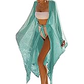 Bsubseach Women Sparkly Kimono Swimsuit Cover Up Open Front Sheer Loose Long Cardigan Beach Cover Ups