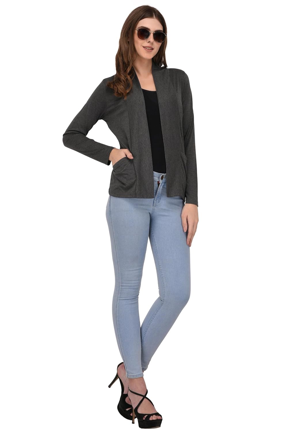 espresso women's full sleeve front open viscose shrug with pocket