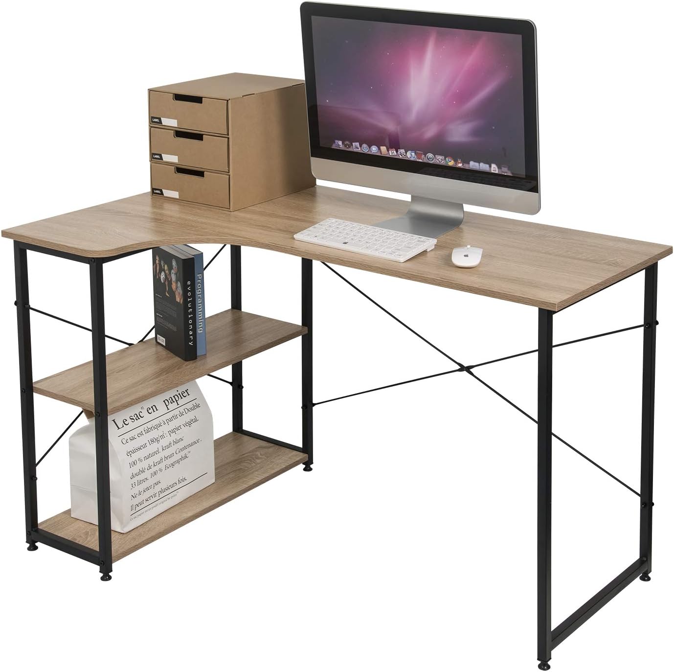 EUGAD Computer Desk with Shelves L Shape PC Laptop Desktop Workstation