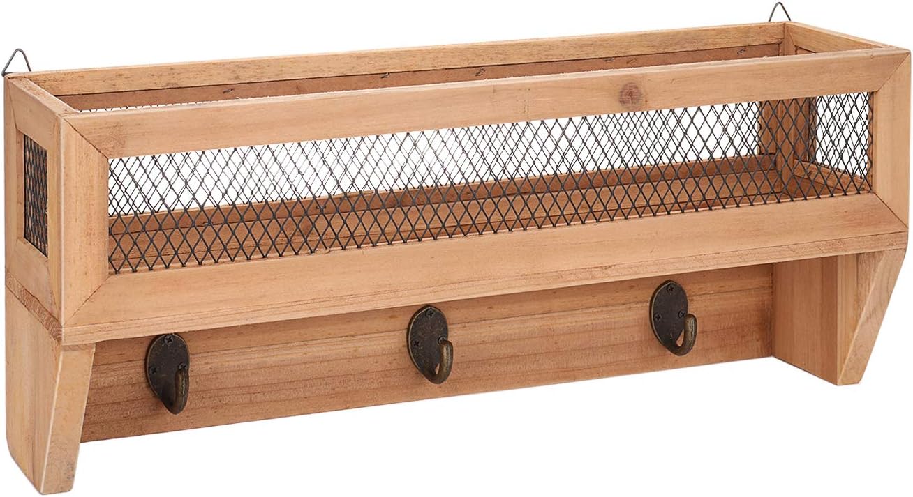 Flexzion Entryway Organizer w/Key Hooks - Key Rack w/Shelf, Rustic Wooden Wall-Mount Mail Letter Holder w/ 3 Coat Hooks, Metal Wire Mesh Storage Basket Hanger for Entryway, Kitchen, Office & Door