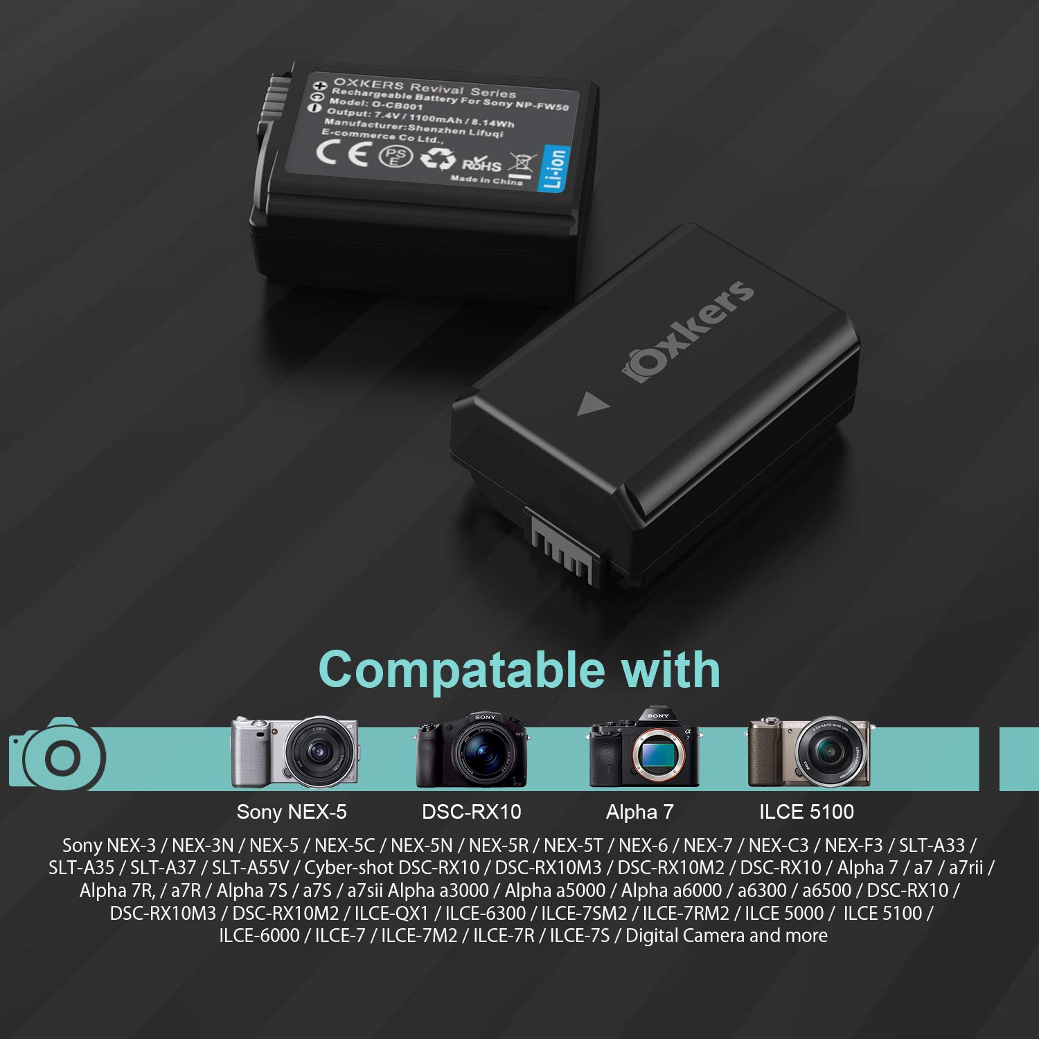 NP-FW50 Akku für Sony DigitalKamera Ersatzakku für Sony Alpha7/7ii/6500/6300/6000/5100 NEX-7 NEX-6 NEX-F3 NEX-3 Nex-5 NEX-5N NEX-5T SLT A55V A33 A35 A37 usw 2 Ersatzakku mit 1 Ladegerät 1100mah von Oxkers
