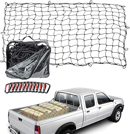 Amazon Com Cargo Elastic Mesh Net Pickup Truck Bed Mesh Heavy Duty Truck Bed Net With 12pcs Metal Carabiners Hooks Bungee Netting Car Accessories Sports Outdoors