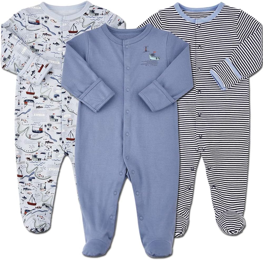 Baby Footed Pajamas with Mittens - 3 Pcs Infant Girls Boys Footie Onesies Sleeper Newborn Cotton Sleepwear Outfits