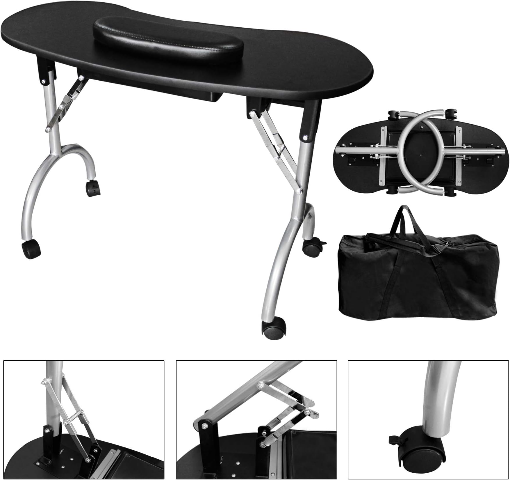Lillyvale® Portable Folding Foldable collapsible Manicure Table Nail Technician Workstation Art Desk Pull Out Drawer + Carry Bag + Wrist Rest (Black)