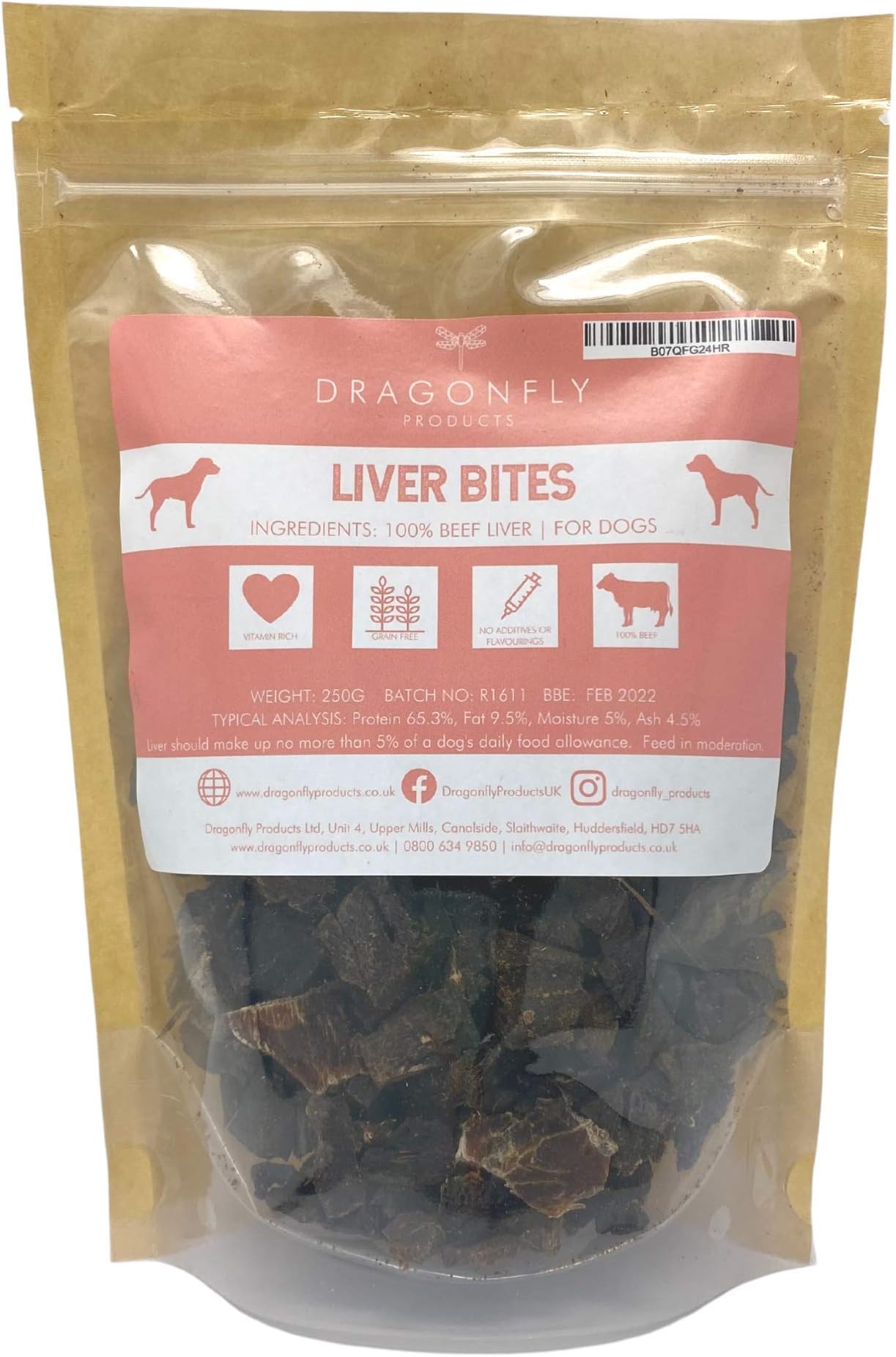 Dragonfly Products Dried Liver Dog Training Treat Pouch | 500g (approx 200 pieces) | Natural, Grain Free, Low Fat Chew | Pure Beef Liver | For All Breed Sizes
