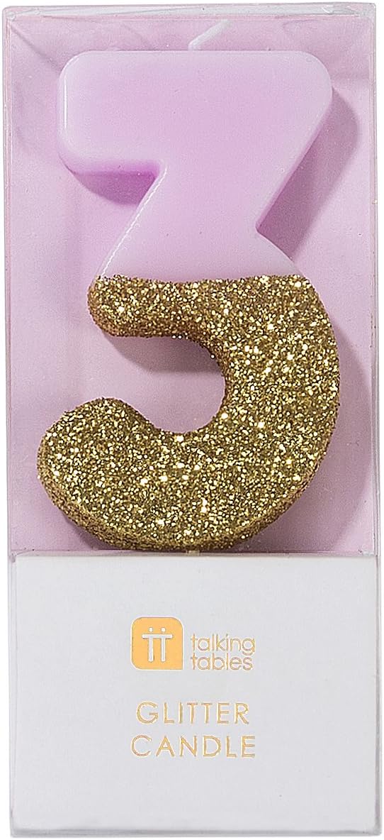 Pink Number 3 Three Birthday Candle with Gold Glitter, Height 8cm, 3" - Image 4
