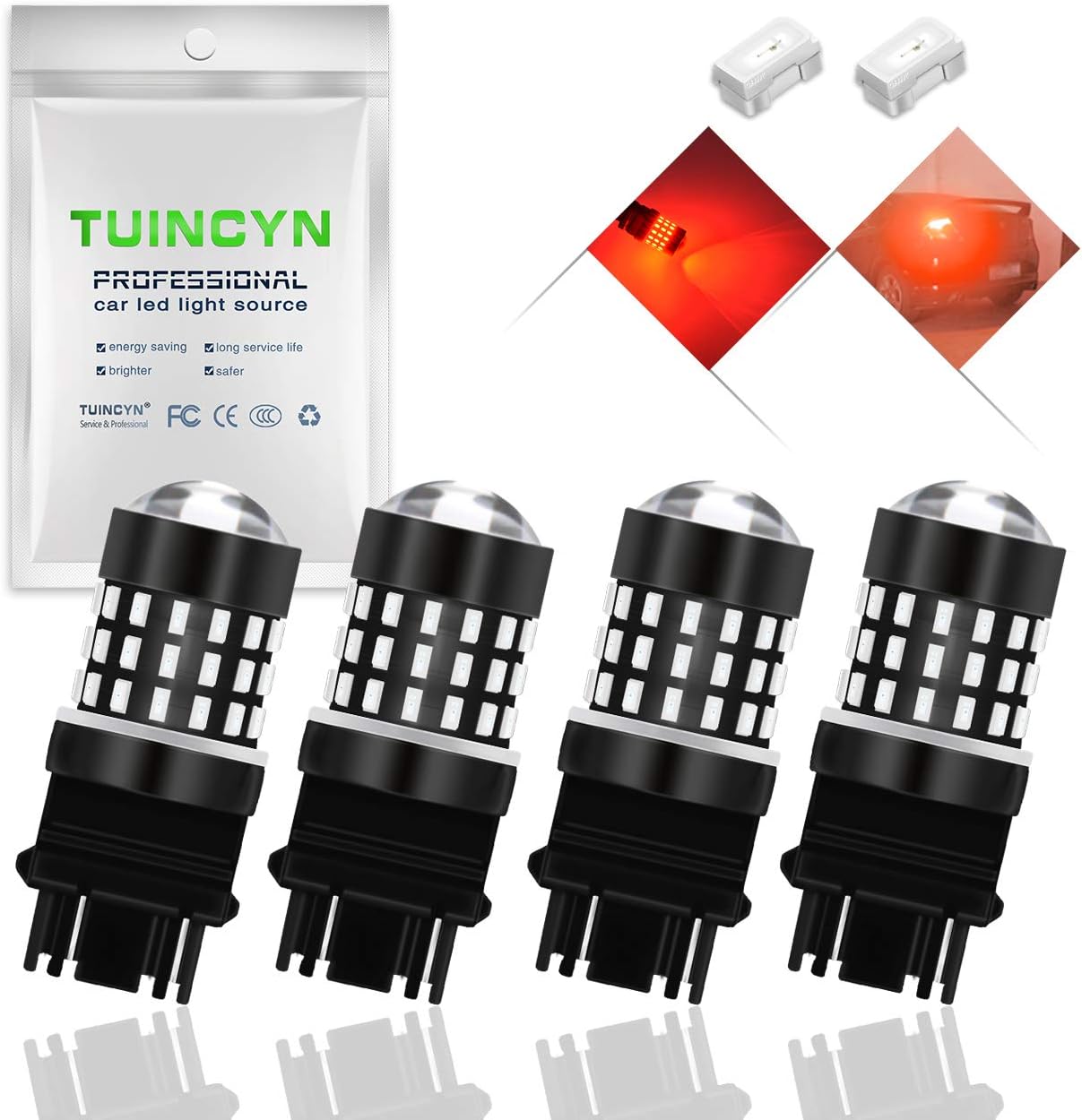 TUINCYN 3157 3156 LED Brake Bulb Super Bright 3056 3057 4157 4057 3157 T25 LED Bulb 3014 54-EX Chipsets Light Bulb for Turn Signals Light Backup Reverse Light DC 12V-24V Xenon White (4-pack)