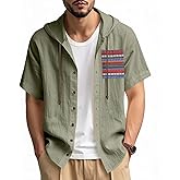Linen Shirts for Men Casual Button Shirts Summer Hoodie Beach Short Sleeve Shirts Top with Pocket