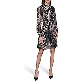 Karl Lagerfeld Womens Long Sleeve Printed Crinkle Chiffon Shirt Dress
