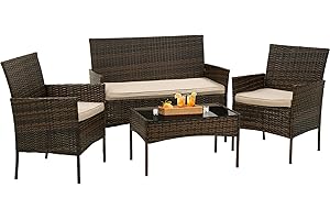 BestOffice Patio Furniture 4 Pieces Outdoor Indoor Use Rattan Chairs Wicker Patio Loveseats Conversation Sets with Table and 
