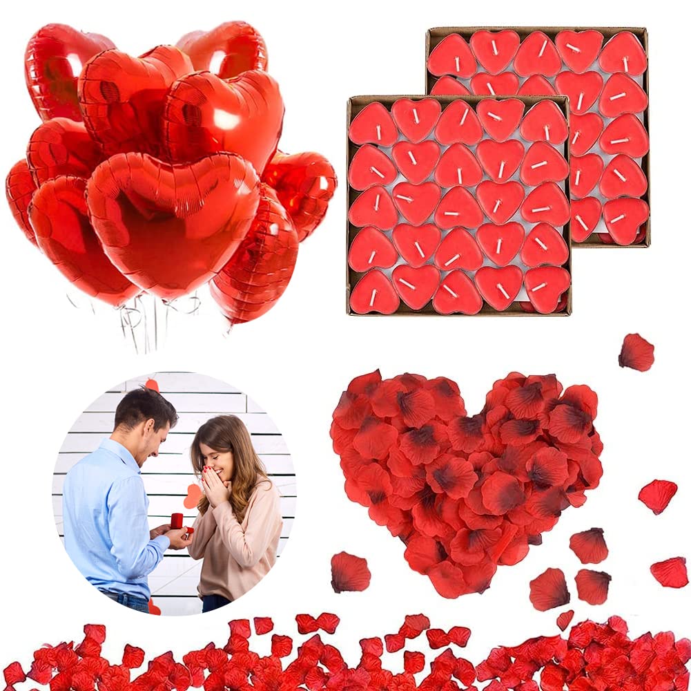 RANJIMA Wedding Decoration Set, Romantic Decoration Set 1000 Pieces Red Rose Petals + Love Foil Balloon + 15 Red Balloons 2 Foil Balloons + I Love You Banner Set for Dating/Party/Engagement