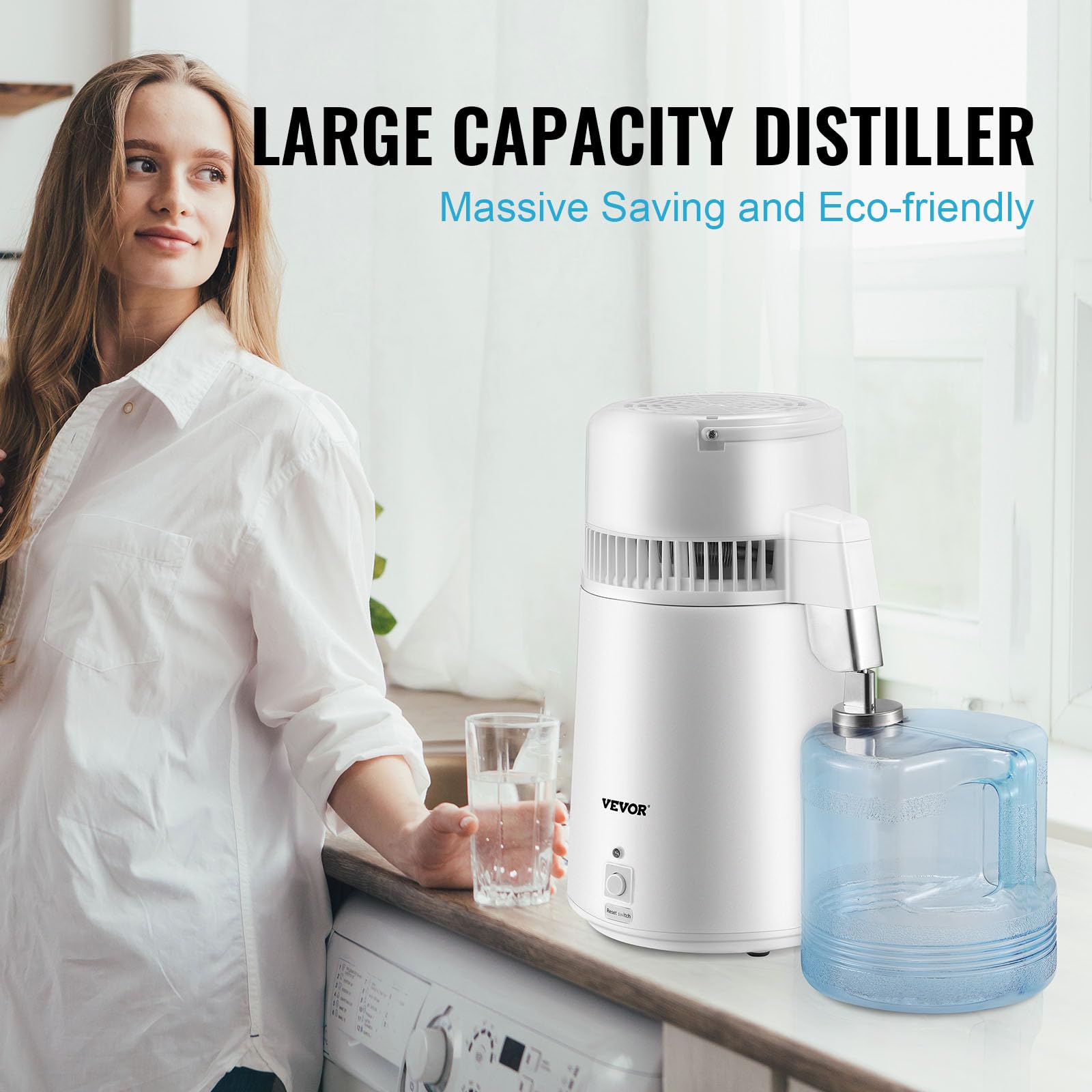 VEVOR Destilador de agua, máquina de agua destilada de 1,1 gal, destilación de agua pura de 750 W con contenedor de plástico libre de BPA, kit de destilación de agua con botón, fabricante de agua destilada de encimera para el hogar, blanco
