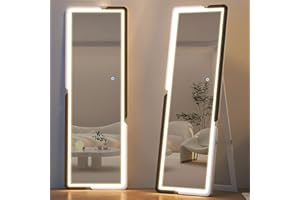 Vlsrka Full Length Mirror with LED Lights, 63"x20" Lighted Full Body Mirror, Floor Standing Light Up Mirror, Large Stand Up Mirror for Bedroom Living Room (Black & White Wood Frame)