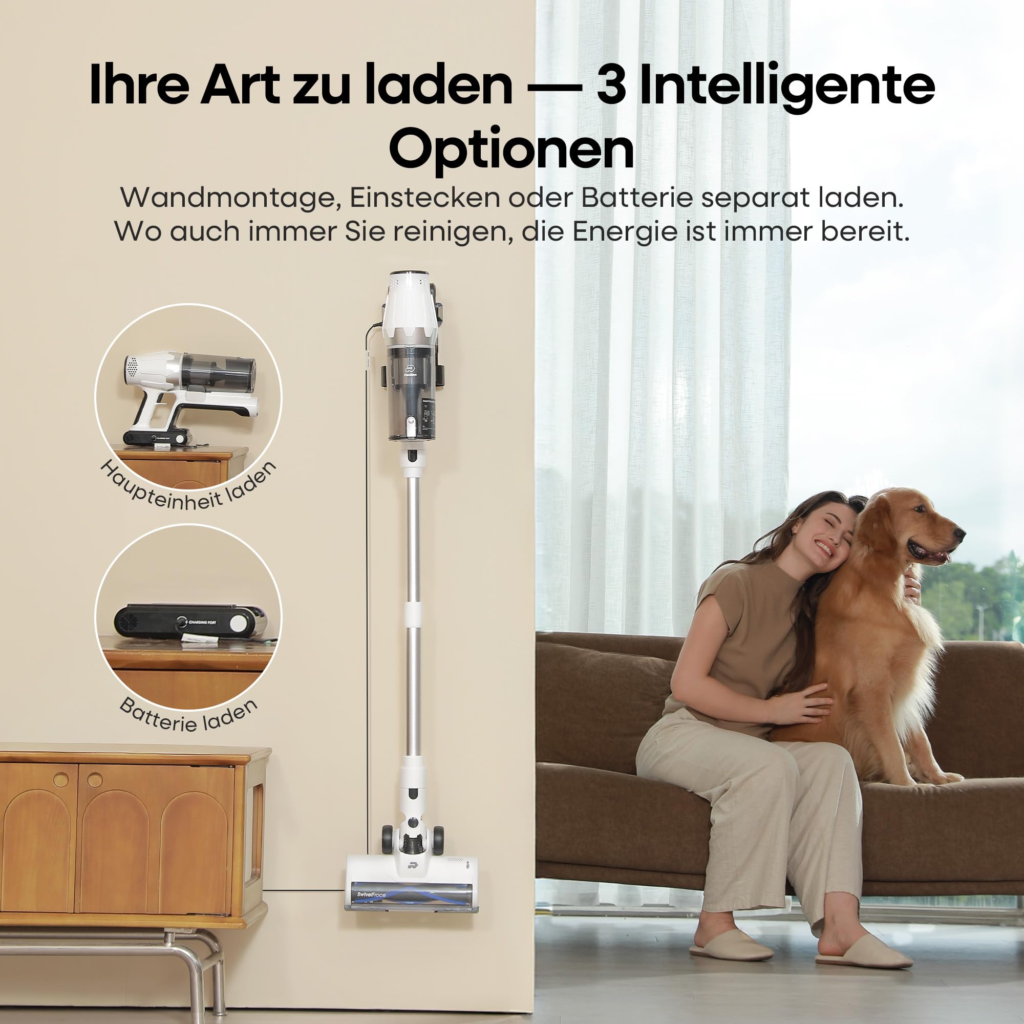 ElecKeys Akku Staubsauger 48000Pa/580W/65Min, Staubsauger Kabellos mit LED Display, Anti-Tangle-Bürste, Selbststehend, 7-Schicht-Filtration, Akkustaubsauger für Hartböden Teppiche Tierhaare, Weiß