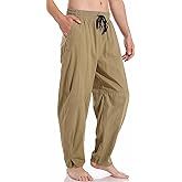 AITFINEISM Mens Cotton Linen Pants Elastic Drawstring Waist Lightweight Summer Beach Pants