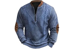 Cambkatl Men's Half Zipper Knit Texture Sweatshirt with Elbow Patch - Vintage Colorblock Casual Long Sleeve Pullovers Shirts