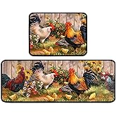 Dcohluk Rooster Kitchen Rug Decor 2 Pieces Set Farmhouse Style Rooster Kitchen Mat Washable Runner Rugs 17" x 47" + 17" x 23"