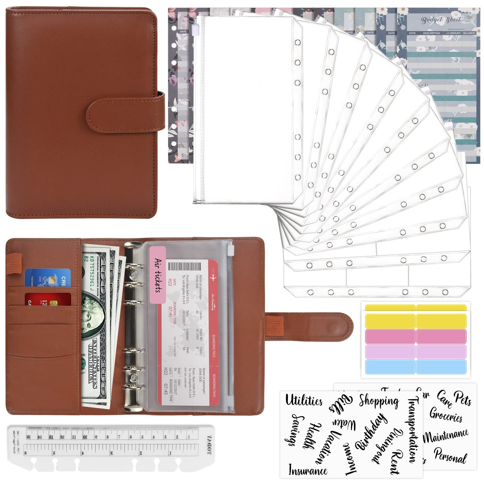 Mlife Budget Binder Set - 28pcs Leather Ring Binder Notebook with Clear Cash Envelopes,Budget Sheets and Label Stickers,Cash Organizer Money Saving Binder for Travel and Diary Brown