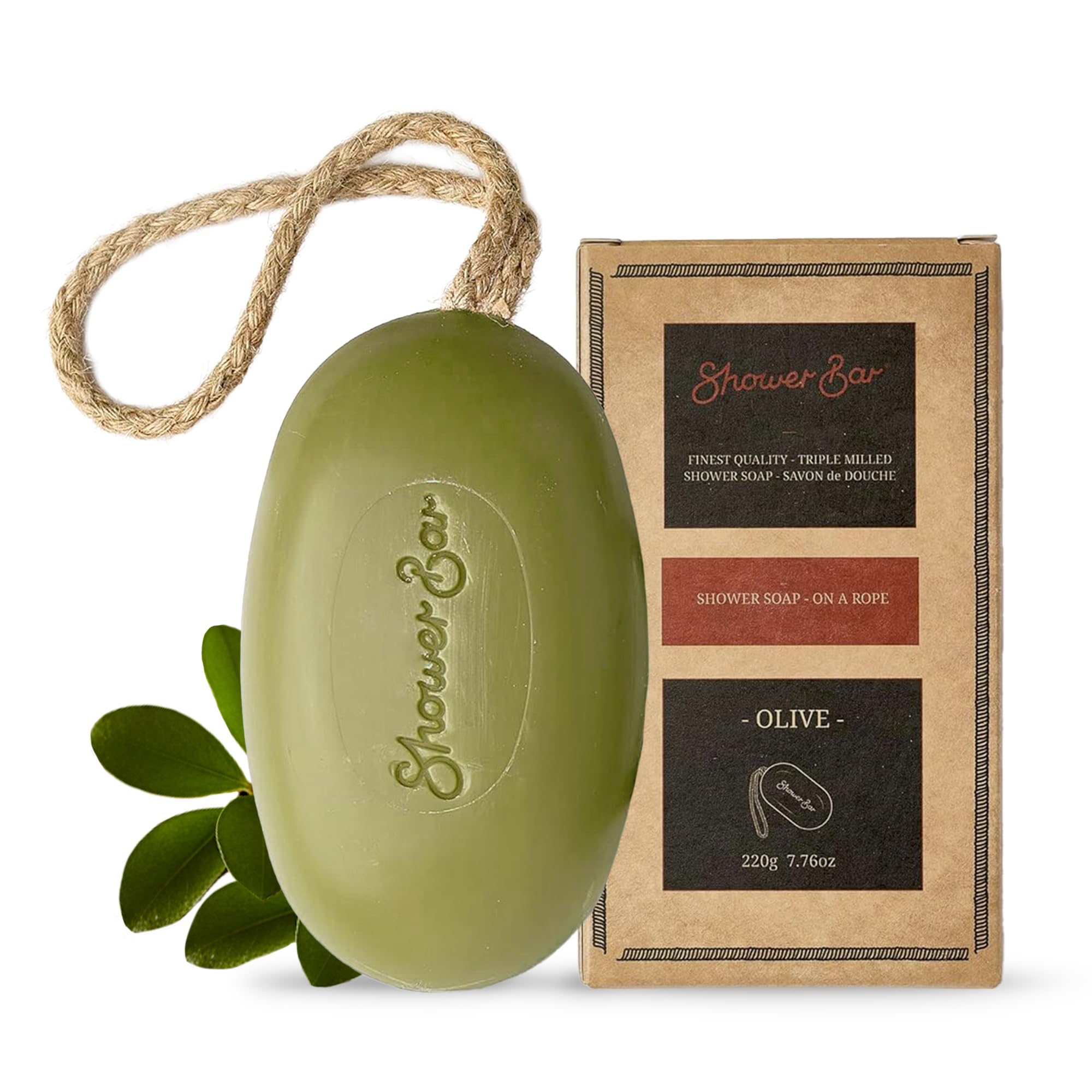 Olive Scented Soap on a Rope - 220g Natural Solid Body Wash Bar for Travel & Home - Long Lasting, Vegan, Plastic-Free, Eco-Friendly & Moisturizing