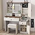 GlouMod Farmhouse Vanity Desk with Mirror and Lights, Makeup Vanity with Charging Station & Jewelry Cabinet, 42” White Vanity with Glass Tabletop, 4 Drawers, Adjustable Shelves, Birch Bliss White