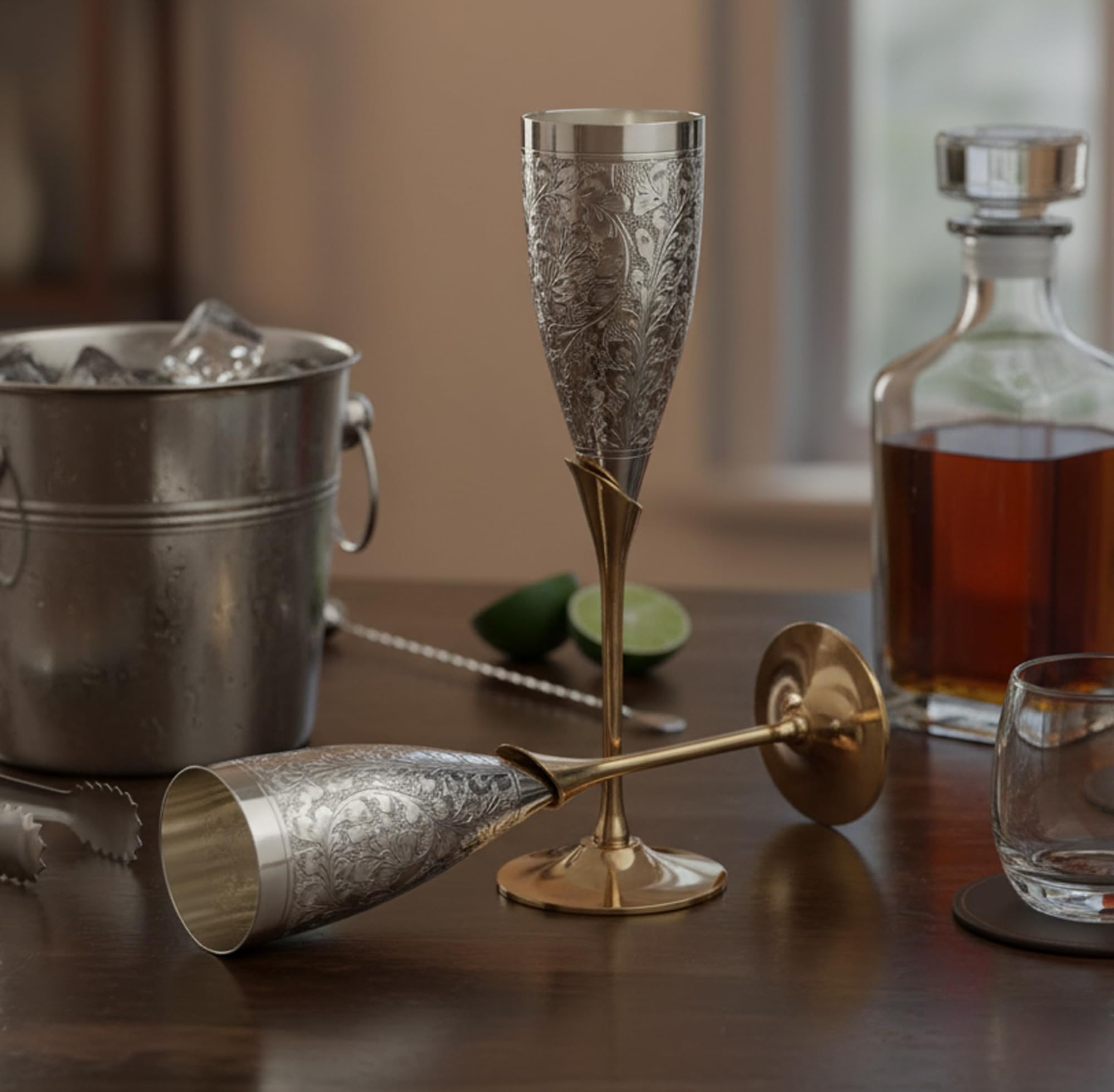 StonKraft Engraved Brass Goblet Champagne Glasses Flutes Coupes Wine Glass Set (Slender)