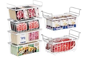 iSPECLE 6 Pack Freezer Organizer Bins - Fit 7 Cu.Ft Freezer, 2 Pack Hanging Chest Freezer Bins and 4 Pack Stackable Deep Freezer Organizer, with Handle Easy Slide to Get Bottom Food, White