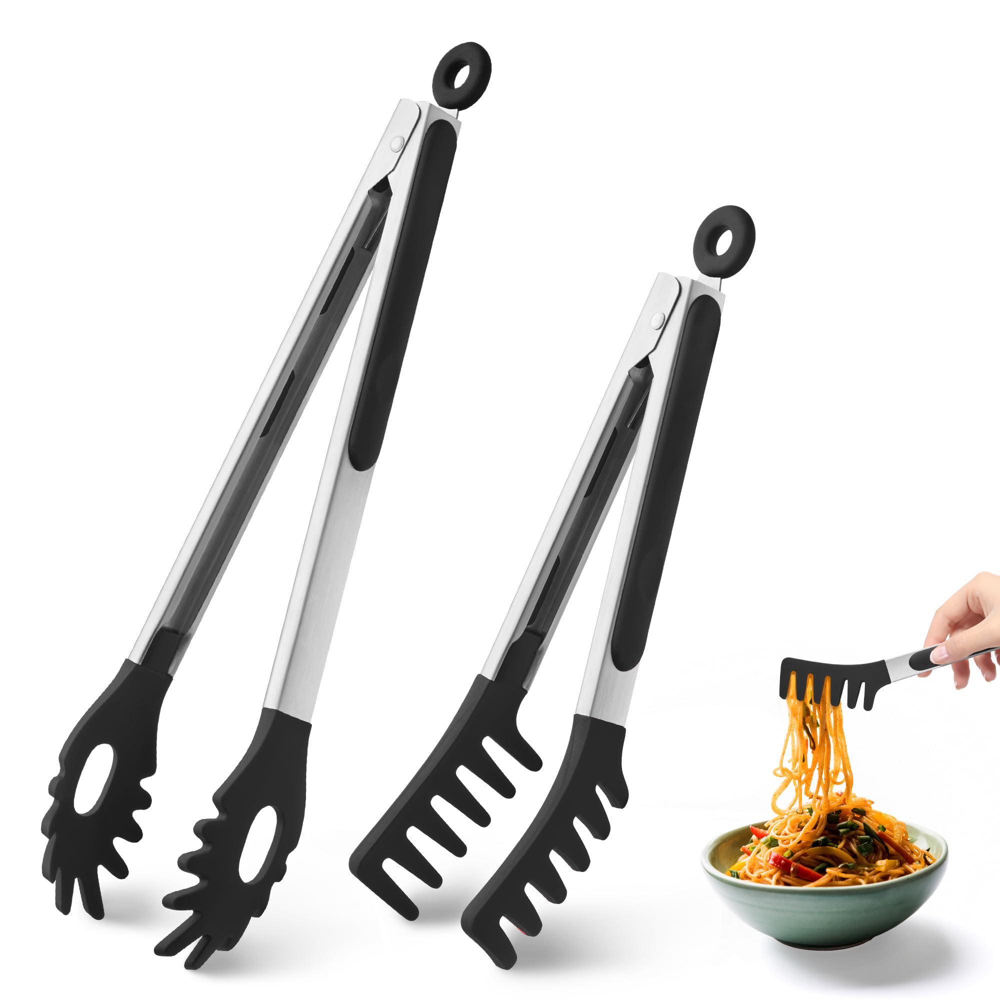 Photo 1 of 2 PCS Pasta Tong Spaghetti Tongs, 9-Inch & 12-Inch Heat Resistant Silicone Pasta Tongs Spaghetti Server With Teeth Silicone Tong for Serving Food, Cooking, Salad, Spaghetti Noodle, Non-stick (Black)