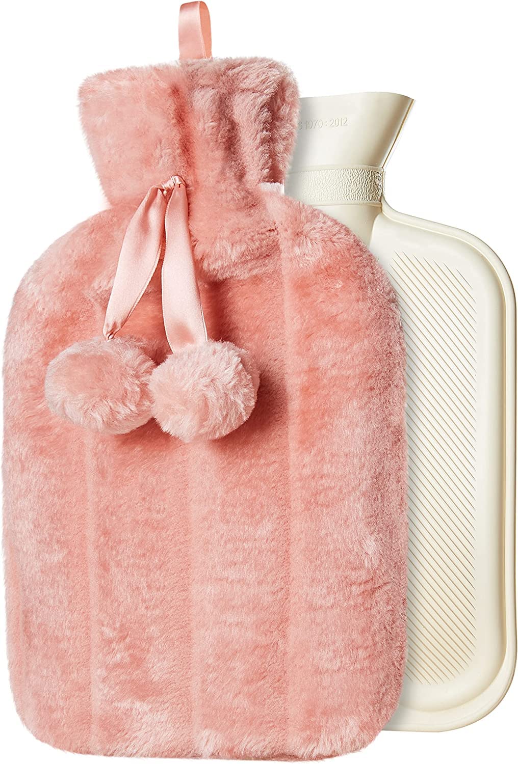 Cosy Large Hot Water Bottle With Faux Fur Cover And Pom Poms, Peach