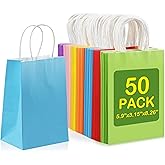 Cegzer 50 Pcs Paper Gift Bags, 5.9x3.15x8.26 Inch Colorful Kraft Paper Party Favor Bags with Handles for Wedding, Kids Birthday, Retail Shopping, Party Favors Bags