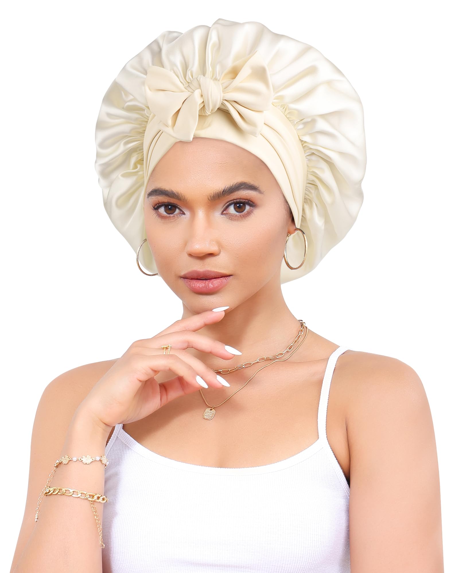 Photo 1 of Silk Bonnet 100% Mulberry Hair Bonnet for Sleeping Women Hair Wrap with Elastic Band Sleep Night Cap(Off-White)