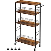 YBING Slim Storage Cart 4 Tier Narrow Kitchen Rolling Cart with Wooden Tabletop Mobile Utility Stand on Wheels for Bathroom Laundry Narrow Places Rustic Brown 16.5''L X 7.3''W X 34.6''H