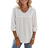 winkbay Women's Summer 3/4 Sleeve Tops Dressy Casual V Neck Loose Work Office Blouses