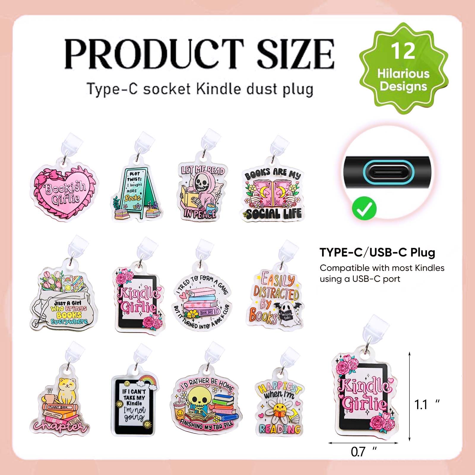 Vozekrod 12PCS Charms for E-Reader – Type C Dust Plug Accessories for Kindle & Tablets, Cute Acrylic Port Protectors, Gift for Book Lovers, Students, Teachers, Friends