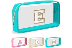 UIXIZQ Personalized Initial Letter Clear Makeup Bag,Preppy Small Nylon&PVC Cosmetic Zipper Bag with Chenille Letter,Travel Skincare Toiletry Bag,Monogram Christmas Gift for Teen Girls Women,E