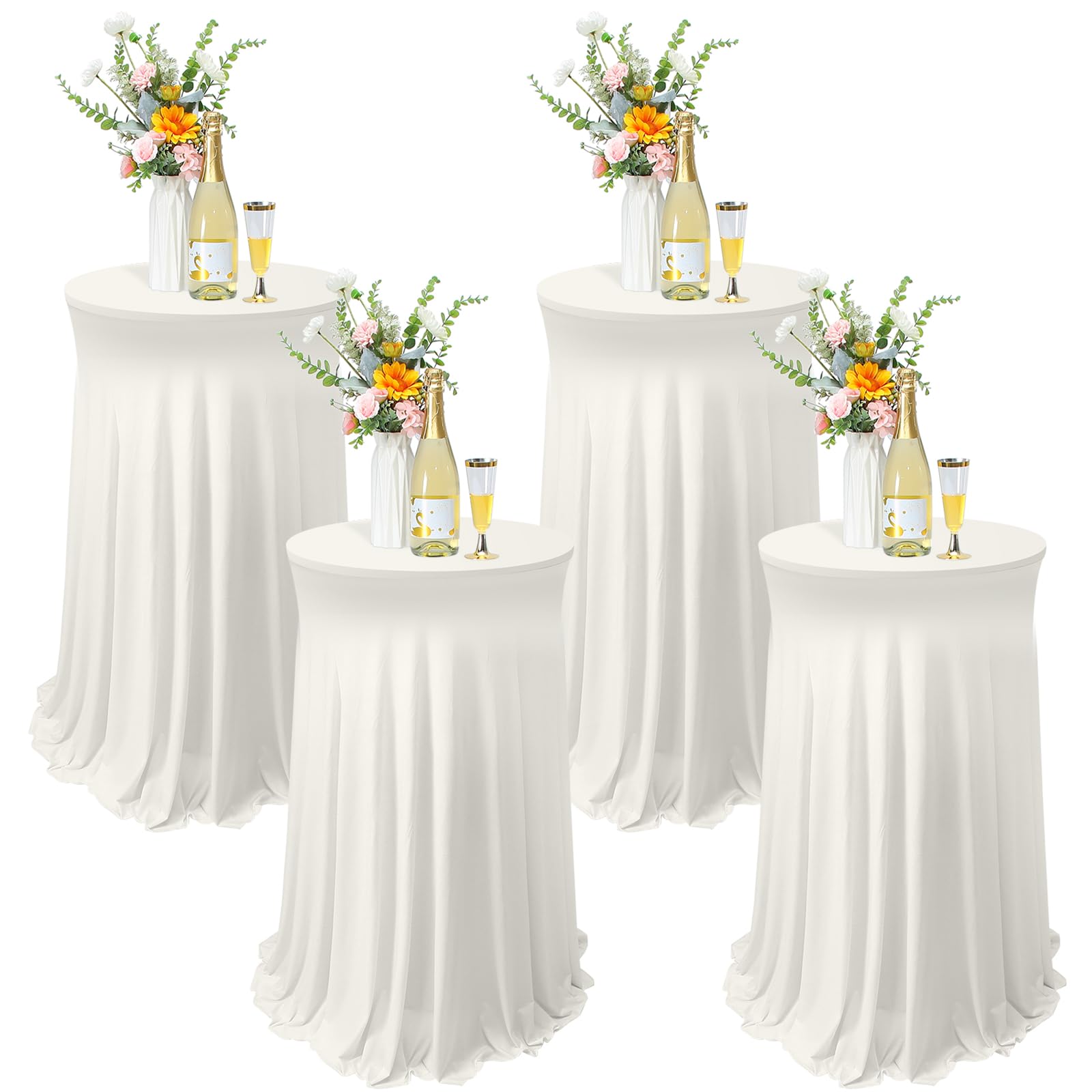 Photo 1 of Tegeme 4 Packs Round Spandex Cocktail Tablecloths with Skirt 32 x 43 Inch Cocktail Round Table Cover Spandex Stretch Square Tablecloth Skirt for Table Bar Wedding Party Banquet(Ivory)