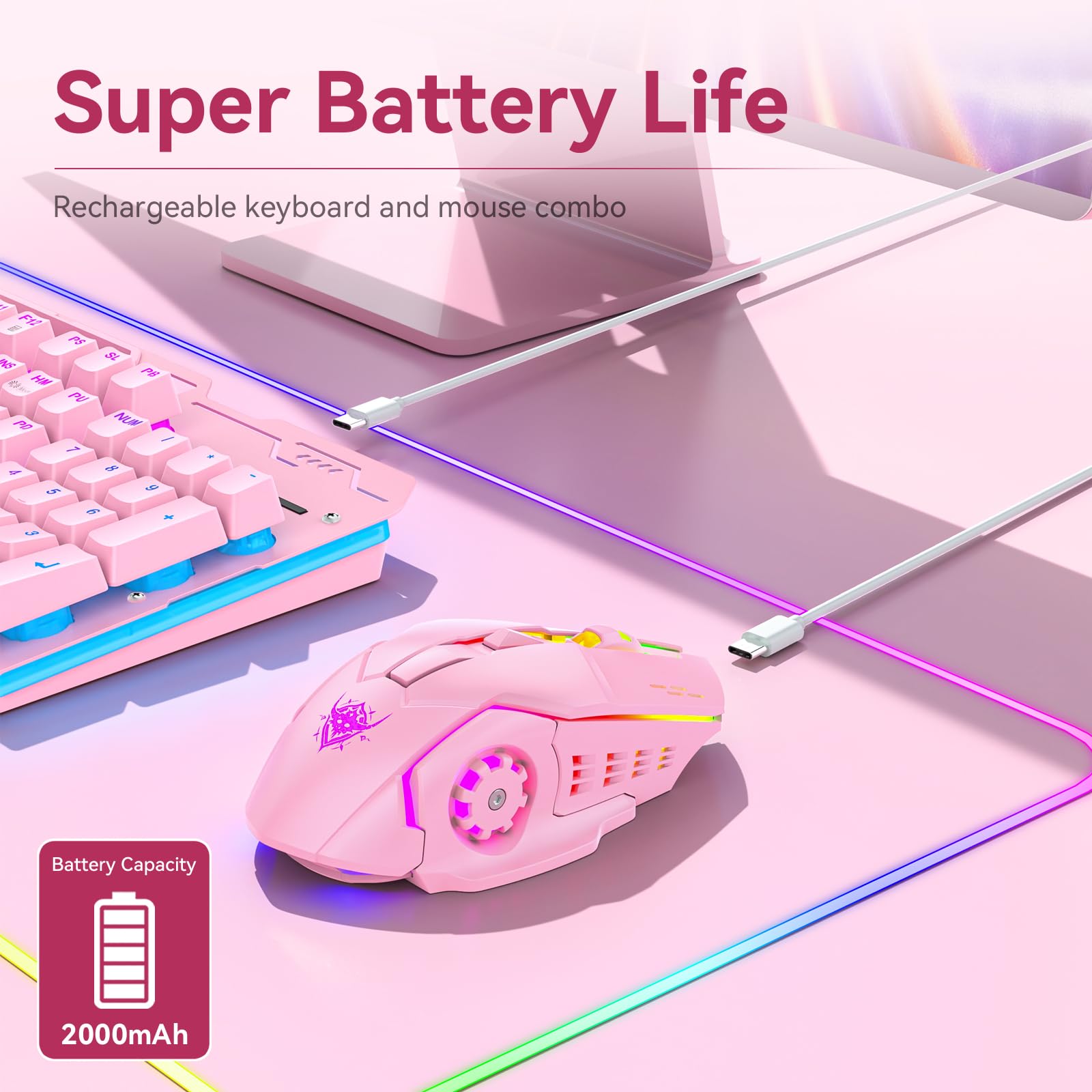 XISOGUU Wireless Gaming Keyboard and Mouse Combo, RGB Backlit Rechargeable 2000 mAh Battery, Mechanical Feel Anti-ghosting Keyboard + 6D 4800DPI Mice for PC Gamer