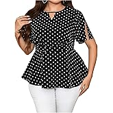 MakeMeChic Women's Plus Size Babydoll Tops Polka Dots Crew Neck Short Sleeve Shirt Peplum Top Blouse