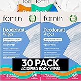FOMIN Acidified Travel Deodorant Wipes For Women & Men - 30 Count - Variety Pack - pH Balanced, Mini Deodorant Travel Size Wipes - Plastic-Free, Individually Wrapped Underarm Body Wipes